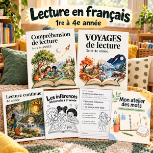 May include: A collection of six educational books titled Lecture en français 1re à 4e année. The covers feature colorful illustrations of children reading, nature scenes, and instructional text for reading comprehension, vocabulary, and detective-themed exercises.