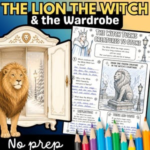以下が含まれることがあります： 「The Lion the Witch & the Wardrobe」と題されたワークシート。ライオンのイラスト、ワードローブの図、白い魔女が生き物を石に変える物語のテキストが記載されています。手書きの回答が記入された番号付きの質問と、色鉛筆が写っています。