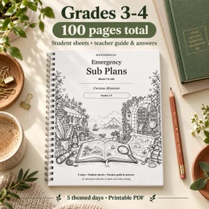 May include: A spiral-bound workbook titled Emergency Sub Plans for grades 3-4, featuring 100 pages of student sheets and teacher guides. The cover displays a black and white line art illustration of an open book, a map, and a coastal scene.