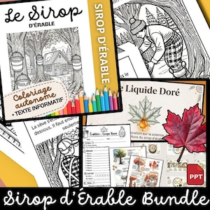 May include: A digital educational bundle about maple syrup production featuring black and white colouring pages of a sugar shack, a person collecting sap, and informational text sheets. Includes a red maple leaf graphic and a PowerPoint file icon.