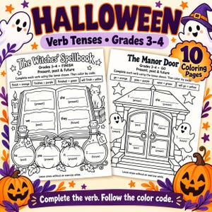 Könnte beinhalten: Zwei pädagogische Arbeitsblätter zum Thema Halloween für die Klassen 3-4 mit den Titeln The Witches' Spellbook und The Manor Door. Die Seiten zeigen schwarz-weiße Strichzeichnungen von Geistern, Kürbissen, einem Buch und einer Tür mit Übungen.