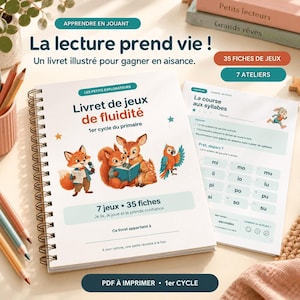 以下が含まれることがあります： Livret de jeux de fluiditéというタイトルのスパイラル綴じ学習用アクティビティブック。キツネ、リス、シカ、オウムのイラストが描かれています。表紙には35枚のゲームシートと7つのワークショップに関する記載があり、音節練習用の別紙が添えられています。