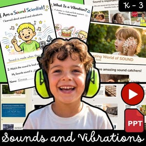 Könnte beinhalten: Eine digitale Bildungspräsentation mit dem Titel Sounds and Vibrations, die ein lächelndes Kind mit neongrünen Gehörschutzkapseln zeigt, umgeben von Folien über Schallwissenschaft, Schwingungen und Schallfänger mit Texten und Illustrationen.
