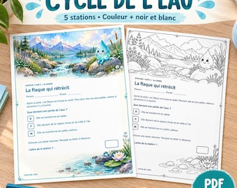 May include: Educational escape room activity sheets titled Cycle de l'eau, featuring a colorful illustrated version and a black and white version. The pages include text, a cartoon water droplet character, and multiple-choice questions.