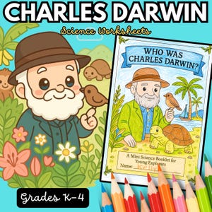 Peut inclure: Un ensemble de fiches pédagogiques sur Charles Darwin avec une illustration de Charles Darwin portant une barbe blanche, un chapeau marron et une veste verte, accompagné d'un oiseau et d'une tortue. Le texte indique Charles Darwin, Science Worksheets, Grades K-4, Who Was Charles Darwin?, et A Mini Science Booklet for Young Explorers.