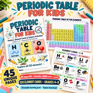May include: A printable educational learning pack titled Periodic Table for Kids, featuring a cover page with Hydrogen, Carbon, and Oxygen illustrations, a full periodic table chart, and a page of element cards numbered 1 through 9.