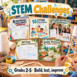 May include: A collection of STEM educational books titled 8 Engineering Challenges, 15 STEM Challenges, Team Building Challenges, 10 Easy Science Experiments, and Logic Puzzles for Kids, accompanied by craft supplies like wooden sticks and cups.