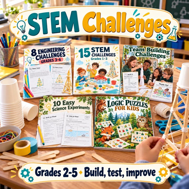 May include: A collection of STEM educational books titled 8 Engineering Challenges, 15 STEM Challenges, Team Building Challenges, 10 Easy Science Experiments, and Logic Puzzles for Kids, accompanied by craft supplies like wooden sticks and cups.