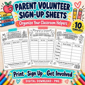Puede incluir: Un conjunto de diez hojas de inscripción para padres voluntarios imprimibles con plantillas en blanco y negro para voluntarios de clase, fiestas y horarios semanales, decoradas con ilustraciones de lápices, una manzana y libros.