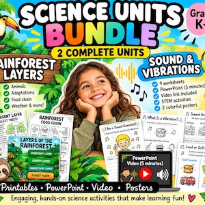Pode incluir: Um pacote de unidades científicas para os graus K-3 com materiais educativos sobre camadas da floresta tropical e som e vibrações. Inclui planilhas, um vídeo em PowerPoint, atividades STEM e cartazes com ilustrações de tucano, bicho-preguiça e notas.