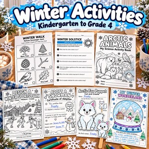 Paquete de actividades de invierno para niños, búsqueda del tesoro invernal, lectura sobre el solsticio de invierno, animales del Ártico, adopta un muñeco de nieve, manualidad de bola de nieve
