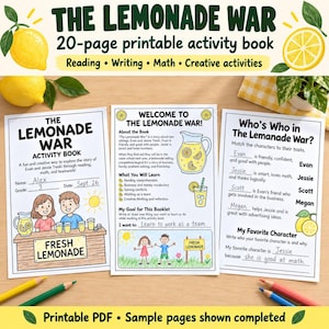以下が含まれることがあります： 「The Lemonade War」というタイトルの20ページの印刷可能なアクティビティブック。読書、ライティング、算数の練習問題が含まれています。レモネードスタンドのイラスト、教育的なテキスト、キャラクターの照合タスクが記載された3つのサンプルページが表示されています。