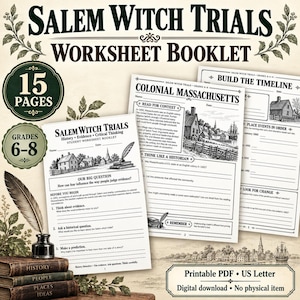 May include: A 15-page Salem Witch Trials worksheet booklet for grades 6-8. The educational material includes historical text, questions, and timeline activities. The design features black text on white paper with illustrations of colonial buildings and a quill.
