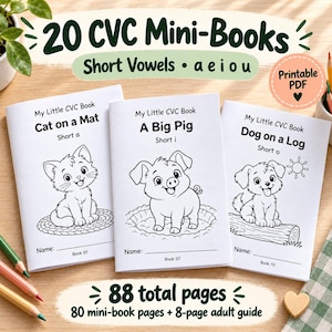 May include: Three white booklets titled 20 CVC Mini-Books Short Vowels a e i o u. The covers feature black and white line drawings of a cat on a mat, a pig, and a dog on a log. Text includes My Little CVC Book, 88 total pages, and Printable PDF.