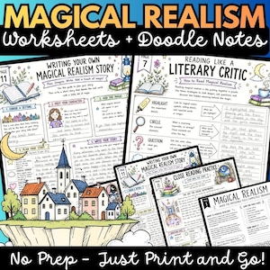 May include: A collection of educational worksheets and doodle notes titled Magical Realism. The pages feature hand-drawn illustrations of houses, a crescent moon, and literary analysis prompts. Text includes Writing Your Own Magical Realism Story, Reading Like a Literary Critic, and Close Reading Practice.