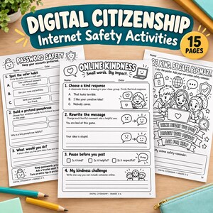 Può includere: Tre fogli di attività didattiche in bianco e nero intitolati Digital Citizenship Internet Safety Activities, Online Kindness e Be Kind, Be Safe, Be Smart. Le pagine presentano testo, illustrazioni a linee e esercizi di scrittura.