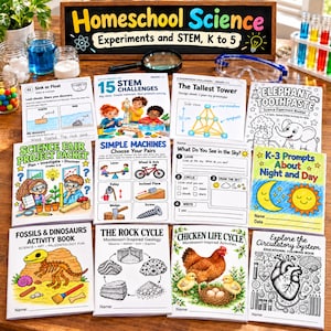 May include: A collection of educational science activity booklets and worksheets for children, featuring topics like the rock cycle, chicken life cycle, circulatory system, and STEM challenges, displayed with a magnifying glass and goggles.