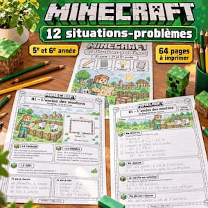 Puede incluir: Un conjunto de hojas de trabajo educativas de Minecraft tituladas 12 situations-problèmes para estudiantes de 5º y 6º grado. Las páginas incluyen problemas matemáticos sobre corrales de ovejas, diagramas, texto en francés y a Alex.