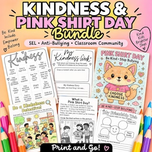 May include: A Kindness and Pink Shirt Day bundle featuring educational worksheets, activity sheets, and colouring pages with themes of anti-bullying and classroom community. The set includes a bingo card, a kindness story sheet, and a friendship web.