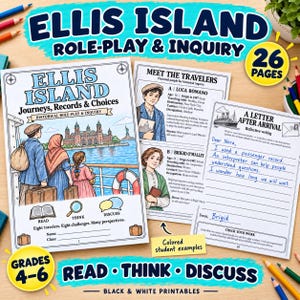 以下が含まれることがあります： 4〜6年生向けの26ページのEllis Islandロールプレイおよび探究学習セット。印刷可能な教材には、歴史的なイラスト、旅行者のプロフィール、および「Read, Think, Discuss」というテキストが記載された振り返り用のライティング課題が含まれています。