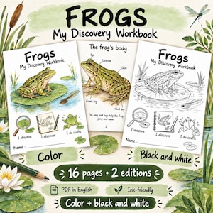 Może przedstawiać: Cyfrowy zeszyt ćwiczeń zatytułowany Frogs My Discovery Workbook zawierający treści edukacyjne o żabach. Zestaw zawiera dwie edycje, jedną w kolorze i jedną czarno-białą, łącznie 16 stron. Strony zawierają ilustracje żab, diagramy i ćwiczenia oznaczone jako I observe, I discover oraz I do crafts.