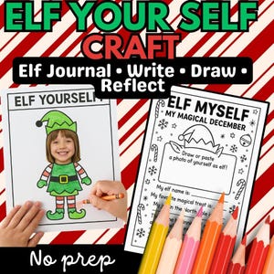 Könnte beinhalten: Ein ELF YOUR SELF CRAFT Bastelset mit einer ELF YOURSELF Ausmalseite mit Kinderfoto, einer ELF MYSELF MY MAGICAL DECEMBER Tagebuchseite mit Schreibaufforderungen sowie Buntstiften zum Schreiben, Zeichnen und Reflektieren.