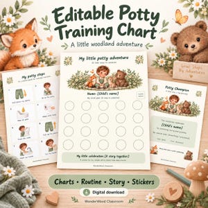 May include: An editable potty training chart set featuring woodland animal illustrations. Includes a step-by-step guide, a tracking chart with twenty circular spaces for progress, and a certificate. Text includes 'Editable Potty Training Chart', 'My potty steps', 'My little potty adventure', and 'Potty Champion'.