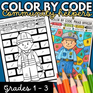 Op de afbeelding: Twee educatieve werkbladen getiteld Color By Code Community Helpers. Eén blad is een zwart-wit bouwplaat met een kleurcode. De andere is een ingekleurde illustratie van een politieagent met een kleurcode. Kleurpotloden liggen op de voorgrond.