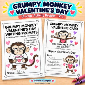Grumpy Monkey Valentines Day Activities | Book Companion Writing, SEL Feelings Check In, Color by Code, K-3 Printable PDF