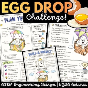 May include: An educational worksheet titled EGG DROP Challenge featuring sections for design sketches, materials lists, and mission objectives. The page includes illustrations of a cartoon egg in a parachute-equipped box and a cracked egg graphic.