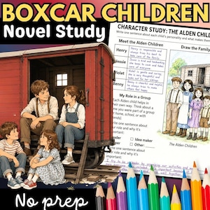 May include: A Boxcar Children novel study educational worksheet featuring a red boxcar illustration with four children, alongside a character study page with text about the Alden children and a drawing of the family, all set against a dark background.
