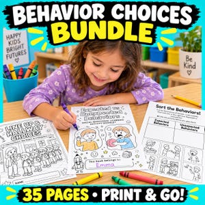 May include: A behavior choices bundle activity booklet featuring black and white worksheets with illustrations of children, text including Expected vs Unexpected Behaviors, and Sort the Behaviors, with crayons and a purple marker on a wooden desk.