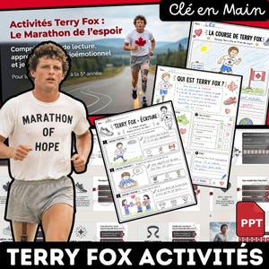 Può includere: Schede didattiche su Terry Fox con una t-shirt bianca con la scritta Marathon of Hope, una fotografia di un corridore su una strada e fogli di lavoro con disegni, testo in francese ed esercizi di scrittura da completare per gli studenti.
