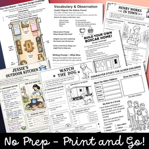 May include: A collection of educational activity sheets featuring illustrations and text related to the Boxcar Children, including design challenges, vocabulary exercises, comprehension questions, and character study prompts for students to complete.