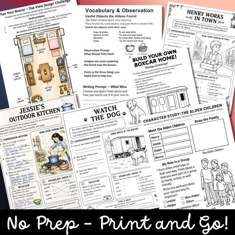 May include: A collection of educational activity sheets featuring illustrations and text related to the Boxcar Children, including design challenges, vocabulary exercises, comprehension questions, and character study prompts for students to complete.