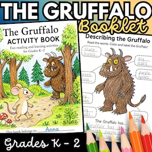 May include: The Gruffalo Activity Book for grades K-2 features a coloured illustration of a brown monster and a mouse in a forest. A second page shows a line drawing of the Gruffalo with labels for sharp horns, big ears, green nose, purple spikes, and long tail.