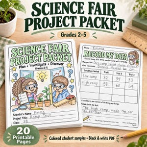 May include: A Science Fair Project Packet for grades 2-5 featuring a cover page with illustrations of two children conducting a plant experiment and a data recording page with a table showing trial results for a ramp test in centimeters.