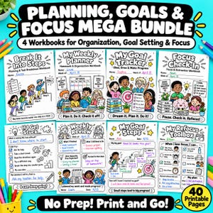 Può includere: Un pacchetto di pianificazione, obiettivi e focus con 4 quaderni di lavoro per l'organizzazione. Le pagine includono illustrazioni in bianco e nero di bambini, liste di controllo e testo come Break It Into Steps e My Goal Tracker.