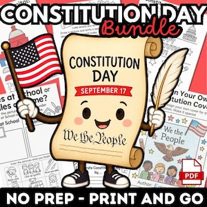 May include: A digital educational bundle for Constitution Day featuring a cartoon scroll character holding an American flag and a quill pen. The scroll has a smiling face and the text Constitution Day September 17 and We the People.