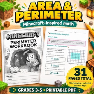 May include: A math workbook titled Area & Perimeter with Minecraft-inspired graphics. The cover features a character with a pickaxe and book. The interior page shows a Block Builder Blueprint with grid exercises for calculating area and perimeter.