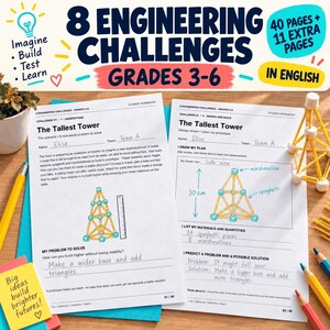 May include: Two white student workbook pages titled 8 Engineering Challenges Grades 3-6. The pages feature The Tallest Tower challenge with handwritten text by Elise, diagrams of spaghetti and marshmallow structures, and a 30 cm measurement label.