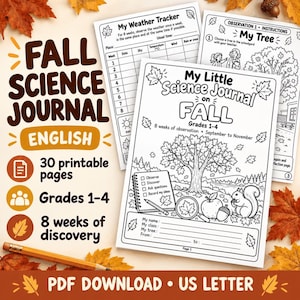 Könnte beinhalten: Ein druckbares Wissenschaftsjournal für die Klassen 1-4 mit dem Titel My Little Science Journal on Fall, das schwarz-weiße Illustrationen eines Baumes, eines Eichhörnchens, eines Apfels und einer Eichel sowie Abschnitte zur Beobachtung enthält.