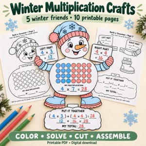 Può includere: Un set di attività educative stampabili intitolato Winter Multiplication Crafts con un pupazzo di neve centrale con cerchi blu e rossi, fogli di lavoro di matematica e matite colorate per risolvere moltiplicazioni e assemblare lavoretti di carta.