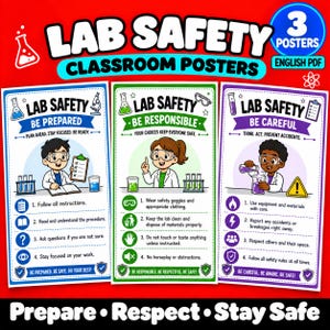 May include: Three educational lab safety posters with a red background. The posters feature cartoon characters in lab coats, safety goggles, and scientific equipment. Text includes Lab Safety, Be Prepared, Be Responsible, and Be Careful.