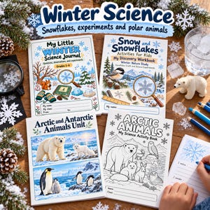 May include: Four educational workbooks titled My Little Winter Science Journal, Snow and Snowflakes, Arctic and Antarctic Animals Unit, and Arctic Animals My Science Activity Book, featuring illustrations of polar animals and winter nature scenes.
