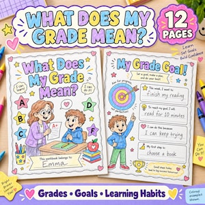 Può includere: Un set di quaderni didattici di 12 pagine intitolato What Does My Grade Mean? con illustrazioni colorate di un insegnante e uno studente, stelle con voti e un foglio di lavoro My Grade Goal con sezioni compilabili per gli obiettivi.