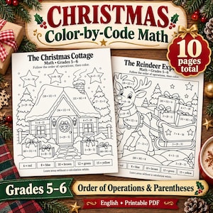 May include: Two printable math worksheets titled The Christmas Cottage and The Reindeer Express, featuring black and white line art with math equations for grades 5-6. Each page includes a color key for numbers 6, 8, 10, 12, and 15.