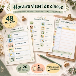 May include: A classroom visual schedule set featuring 48 activity cards, mini-cards, and a daily planner board. The printed pages include French text such as Horaire visuel de classe, Grandes cartes d'activités, and Notre journée, with colourful icons.
