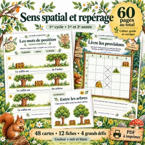 Palabras de posición en francés, Sens spatial et repérage 1re 2e année, 48 tarjetas de actividades, Palabras de posición, Tema de acampada en el bosque, PDF de matemáticas en francés