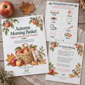 May include: A collection of educational printables titled Autumn Morning Basket, featuring a woven basket of apples, a sheet of Morning Basket Cards with icons for reading and listening, and a page with the poem An Autumn Morning.